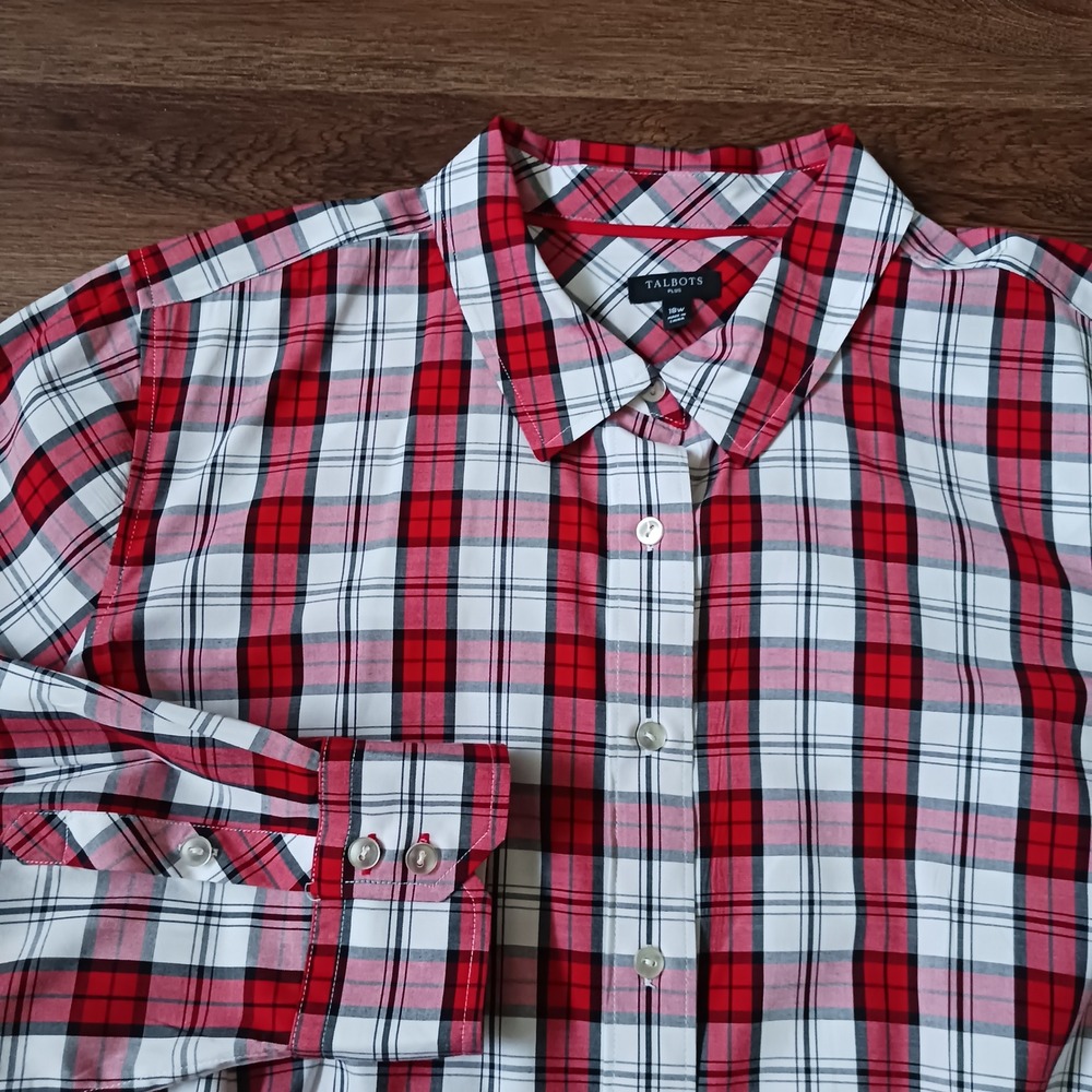 Talbots Plus Red White Black Plaid Button Down Shirt 18W Cotton Blend Top